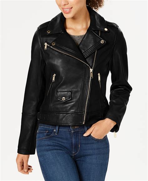 michael kors ruffle hem leather moto jacket|Michael Kors asymmetrical leather jacket.